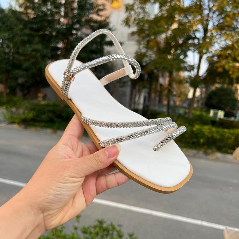 Rhinestone Strap Soft Sole Non-Slip Sandals Fashion Round Toe Toe Plus Size Roman Flats