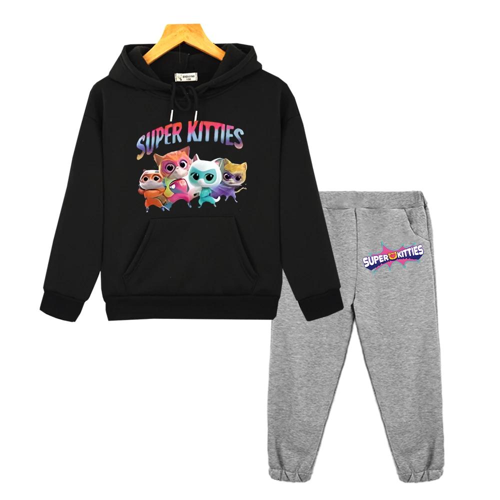Boys Girl Hooded Sets Super Kitties Anime Hoodie Fleece Sweatshirt Cat Jacket 2pcs Pullover+pant Autumn Kids Boutique Clothes