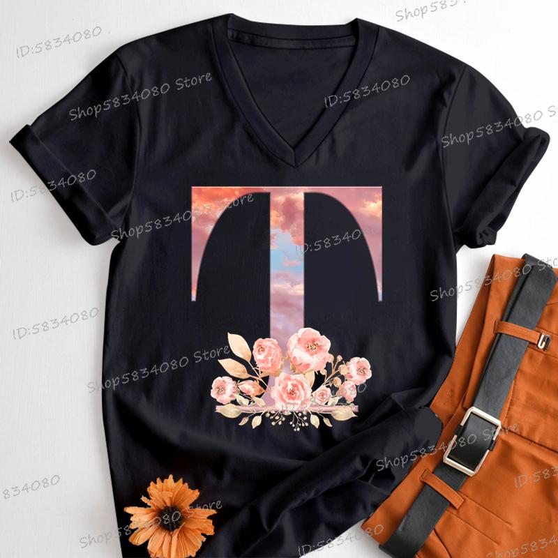 Womens Clothing Pink Flower Alphabet Classic Top Sky Alphabet Cartoon Tshirt FeUnisex Floral Letters A B C D Birthday Gift Shirt