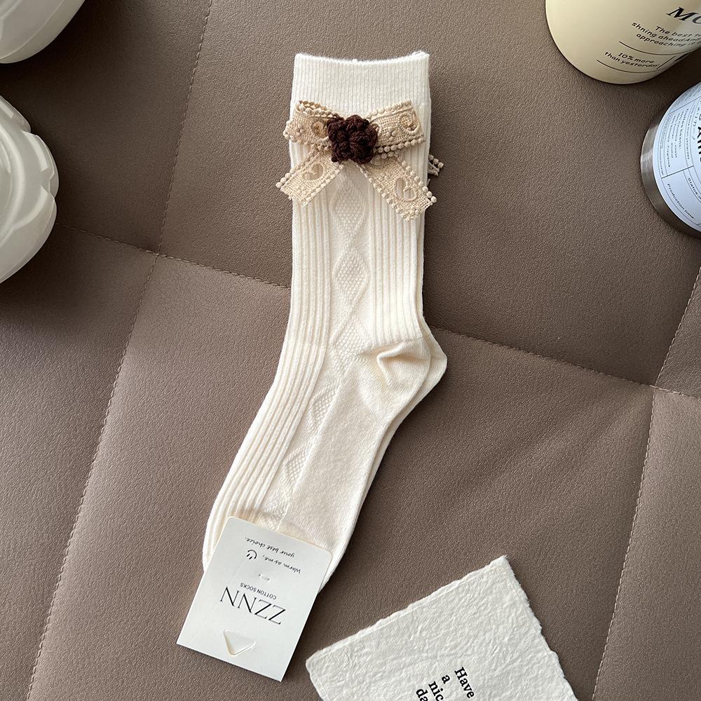 Women's Bow Floral Knit Crew Socks Thick Warm Cashmere-Like Cotton Socks Cute Lace Decor Winter Socks Soft and Breathable