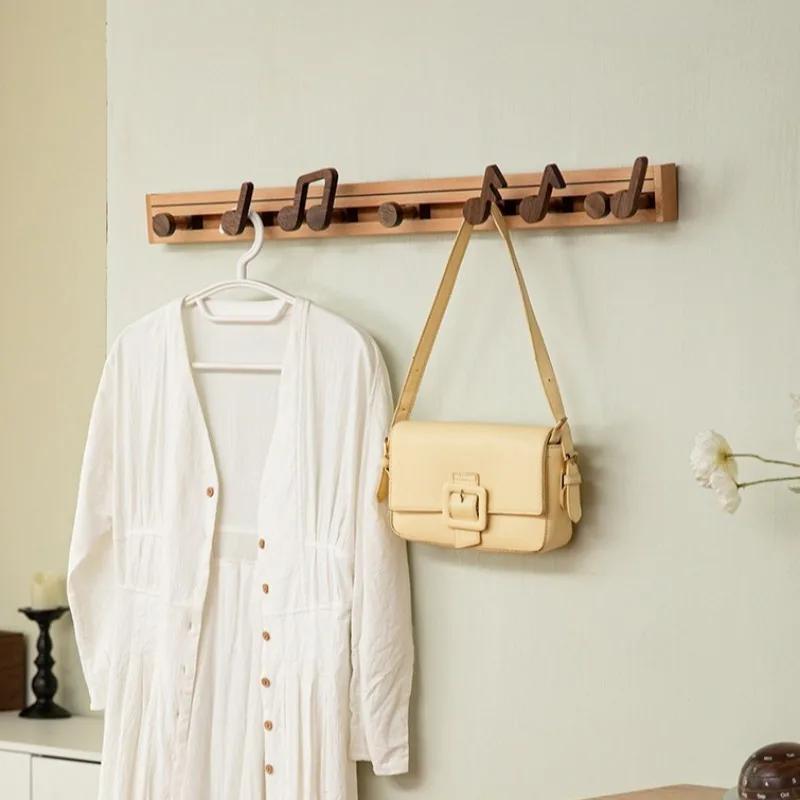 Nordic Solid Wood Coat Rack Wall Mounted Creative Towel Holder Mobile Musical Note Clothes Rack Storage Shelves Furniture