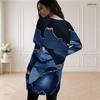 Women Plus Size Round Neck Long Sleeve Blue Marble Printed Loose Longline Top With Pockets