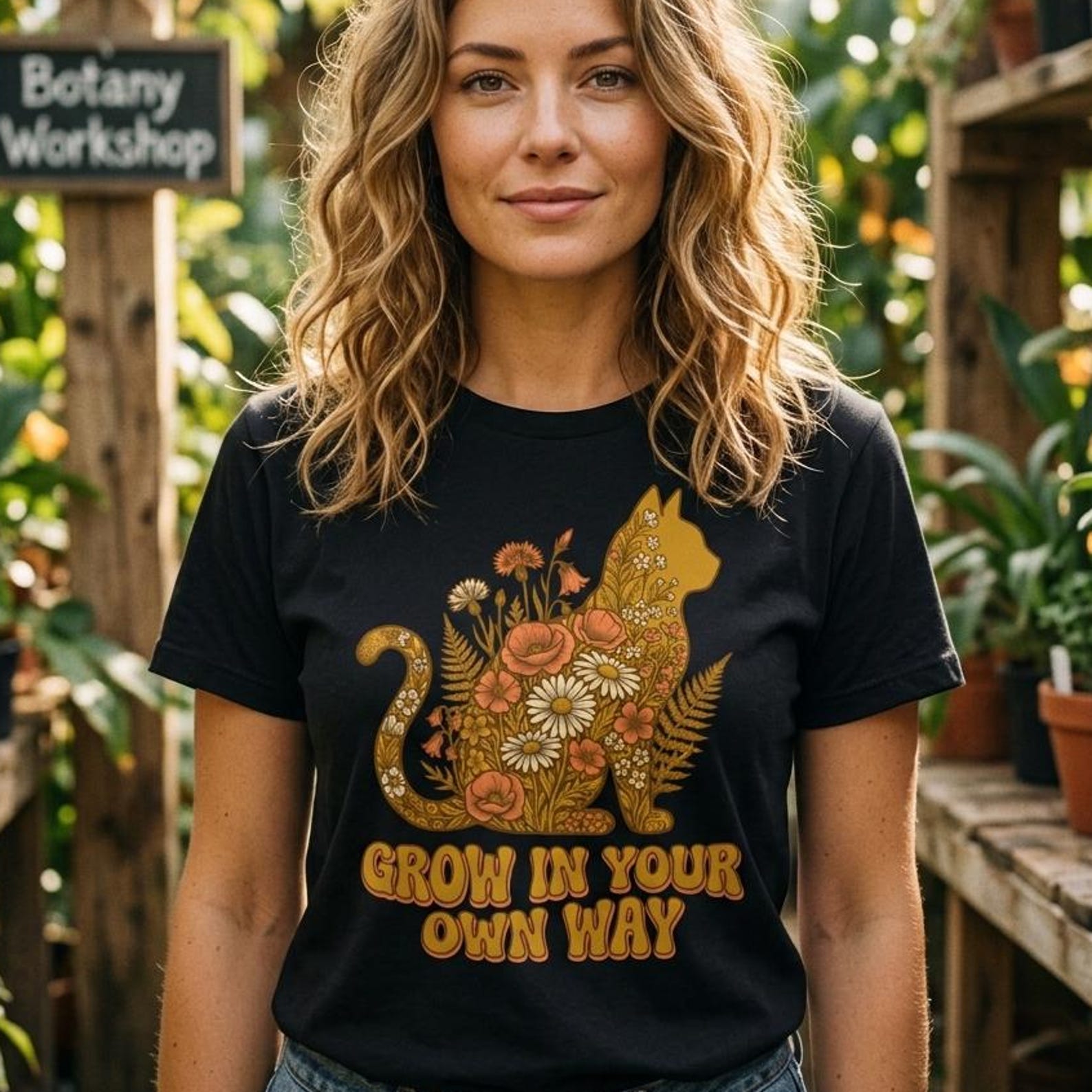 Floral Cat Shirt Grow In Your Own Way Tee Retro Botanical Cat Lover Top S
