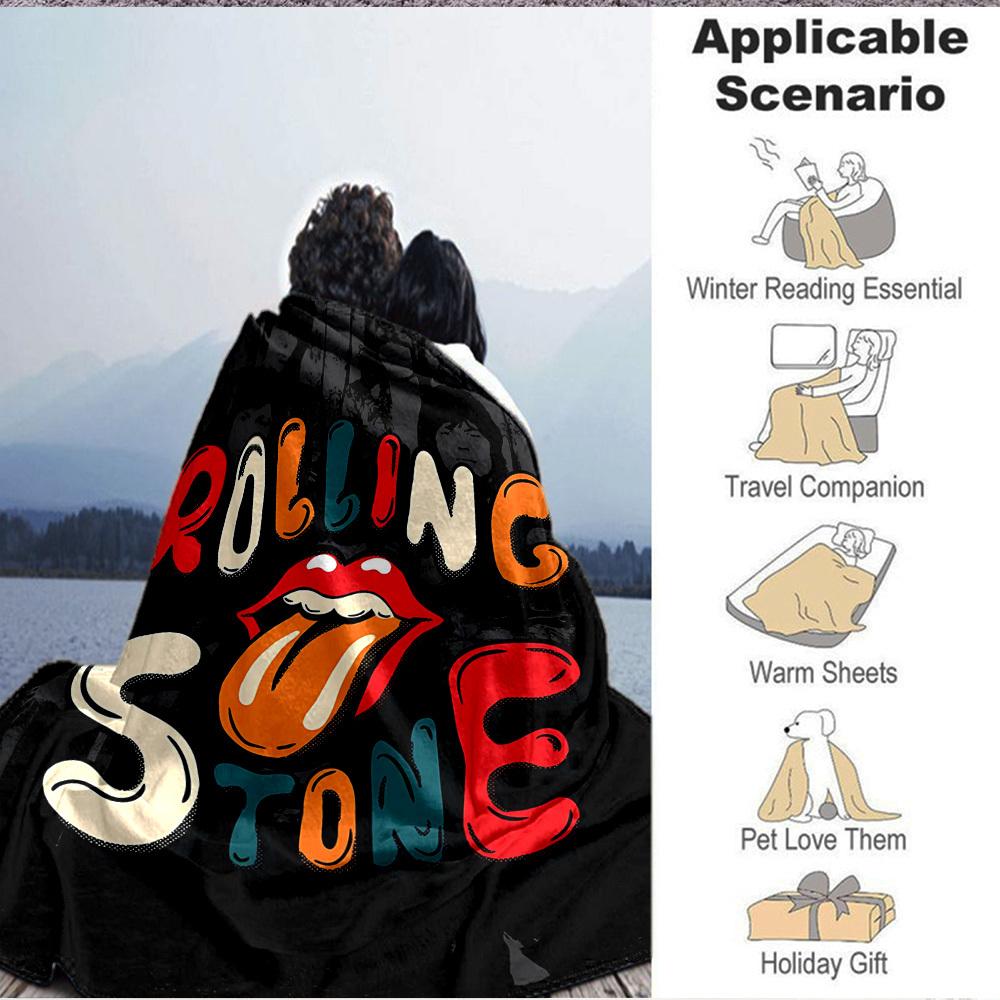 1pc Rolling Stone Flannel Blanket [Cozy Throw Blanket] For Sofa, Bed, Travel, Camping, Livingroom, Office, Couch, Chair, And Bed