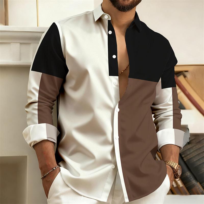 Nuova camicia da uomo a blocchi di colore patchwork a maniche lunghe, camicia casual da lavoro a righe geometriche, top da uomo slim-fit, taglie S-6XL.