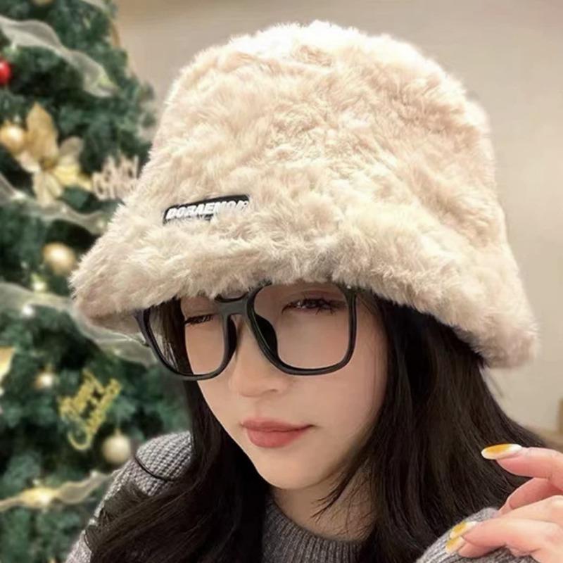 White plush fisherman's hat children's autumn and winter new thickened plush warm bucket hat temperament versatile plain basin hat