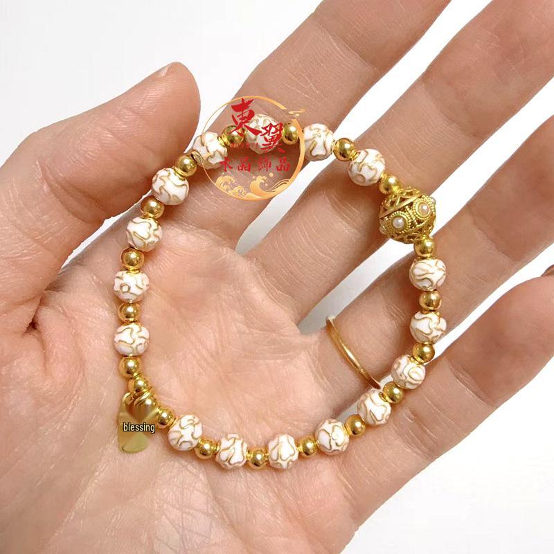 Elegant White Cloisonné Luck Bead Women s Fortune Pendant Bracelet with Gold Foil Porcelain Glaze.