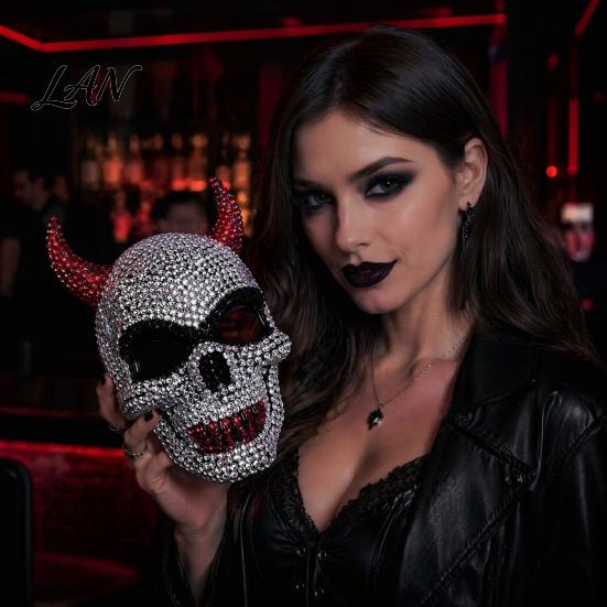 Unique Halloween Event Mask Rhinestone Mask, Sparkly Faux Crystal Demon Horn Masquerade Breathable Face Lightweight Full Cosplay Prop for Party