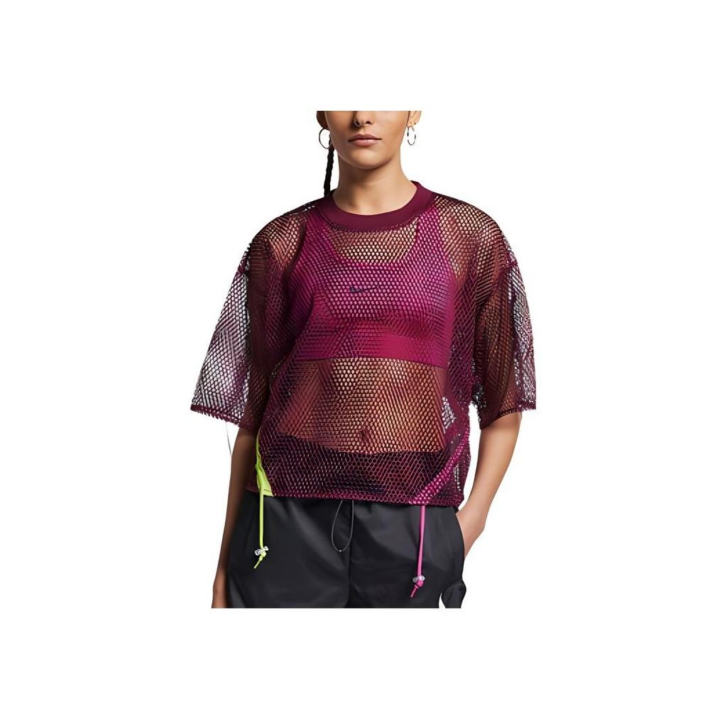 Nike Camiseta Deportiva de Malla con Cordón y Manga Corta para Mujer Tops Burdeos AR3034-609