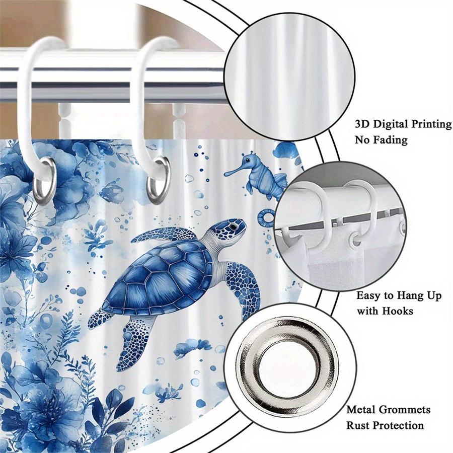 1Pc Turtle With Blue Floral Pattern Shower Curtain, Polyester Fabric, Machine Washable, Suitable For Bathroom Decoration
