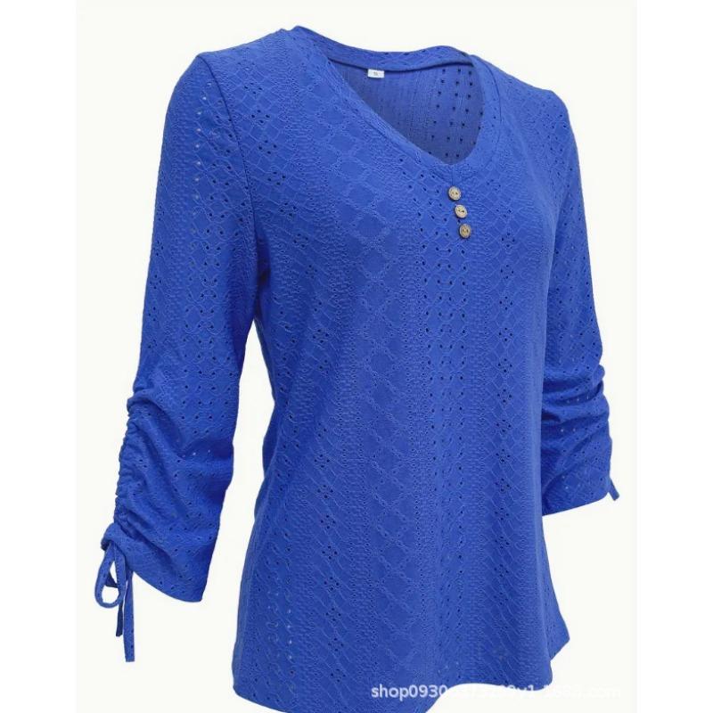 Spring and Summer New Solid Color Jacquard Button Long-sleeved Straps Hollow Loose T-shirt Top