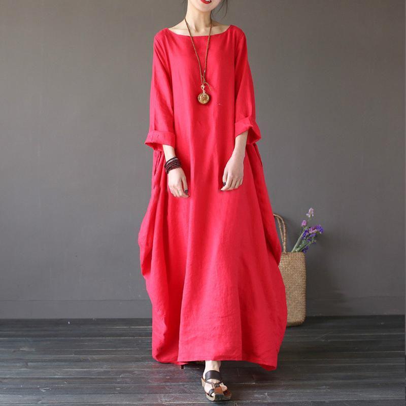 Chic Women Boho Cotton Linen Loose Long Sleeve Maxi Beach Blouse Casual Dress With Timeless Design