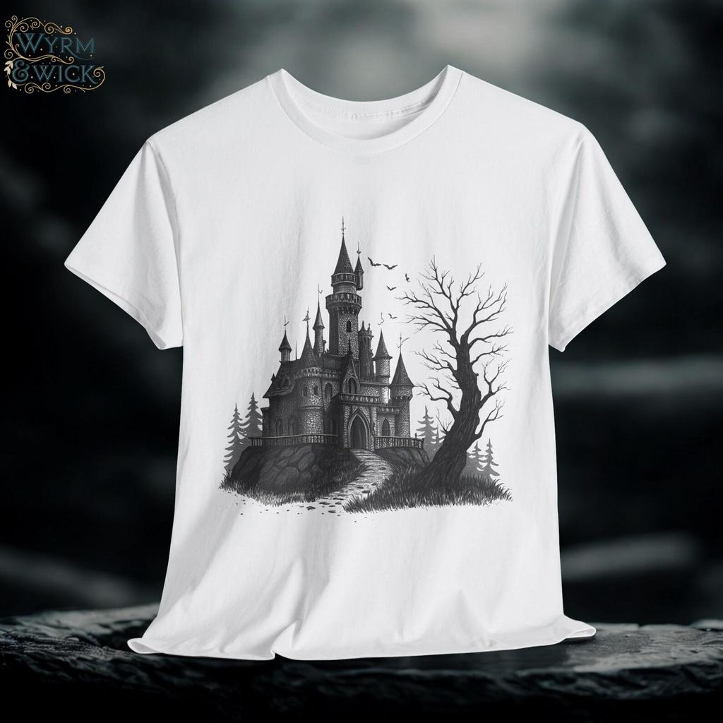 Gothic Castle Graphic Tee: Hand-Drawn Medieval Fantasy T-Shirt