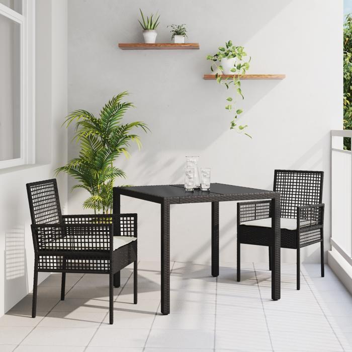 Ensemble de salle à manger de jardin en 3 pièces avec coussins en poly rattan noir 3334855