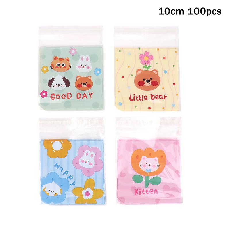 100Pcs 7X7+3Cm 10X10+3Cm Cute Cartoon Animal Printed Plastic Self-Adhesive Bags Cookie Biscuits Snack Package For Home Bakeries