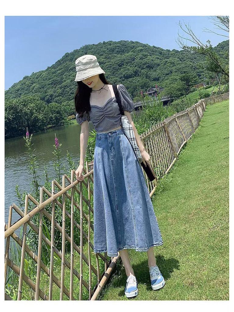 2024 High Waist Retro Denim Midi Skirt: Slimming, Fashionable, Hip-Covering Draped Design