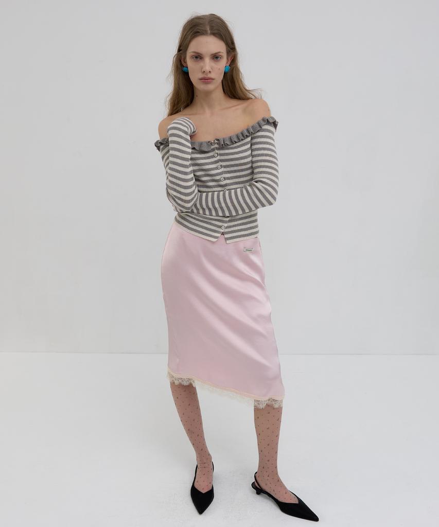 Obeodyupeulleeo Off Shoulder Frilled Stripe Cardigan_Cream/Grey