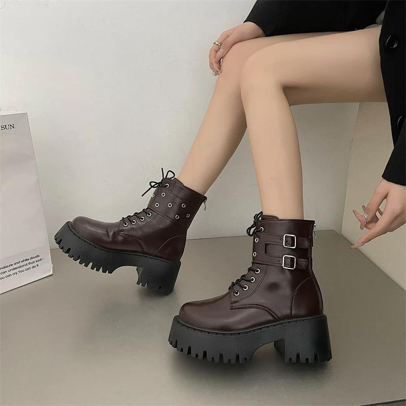 Fashion Lace-up Combat Women Ankle Boots 2024 Chunky Heel Platform Women Boots British Style Thick Sole Increase Height Casual Boots