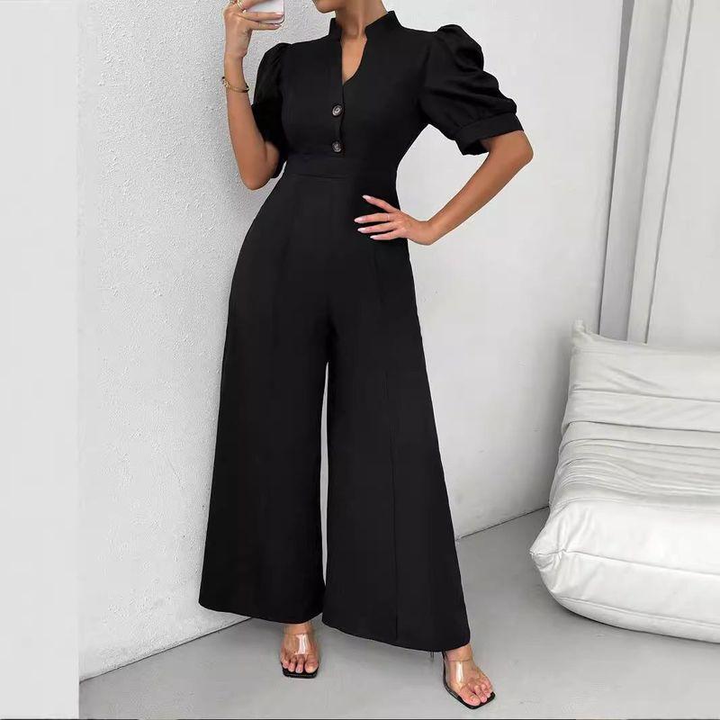 Elegant V-neck European and American Jumpsuit Women clothes Waist Hugging Short sleeve Wide Leg Pants Jumpsuit Women