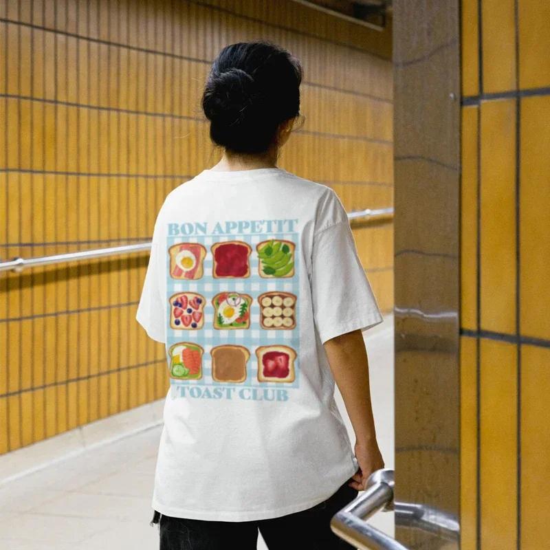 Toast Club Back Print TShirt Retro Aesthetic Breakfast Graphic Tees Cute Foodie Women Shirt Unisex Streetwear Fashion Tops Y2k