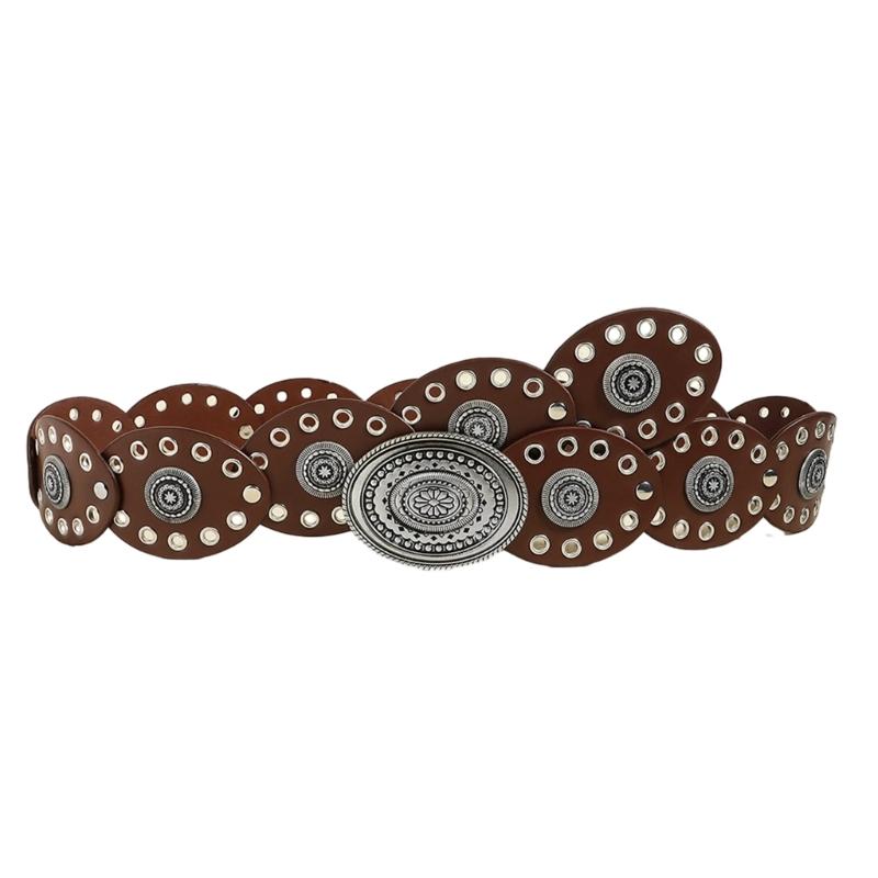 

Oval Eyelets Belt for Women Bohemian Style Waist Belt Hollowed Out Wide Belt for Teens Girls Female Western Cowboy Belt