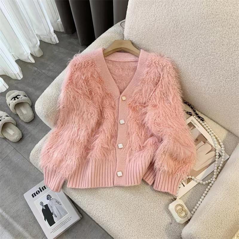 Women's Autumn/Winter Faux Mink Velvet Knit Cardigan - Soft, Glossy, and Cozy Sweater Jacket