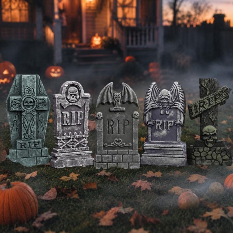 Fall Yard Scene Set, 5 Foam Grave Marker Pieces for Porch Entry Lawn Garden Display, Party Use, Outdoor Themes,