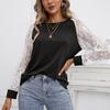 Herbst Winter Damen T-Shirts Hohle Spitze Patchwork Langarm Rundhals T-Shirt für Frauen
