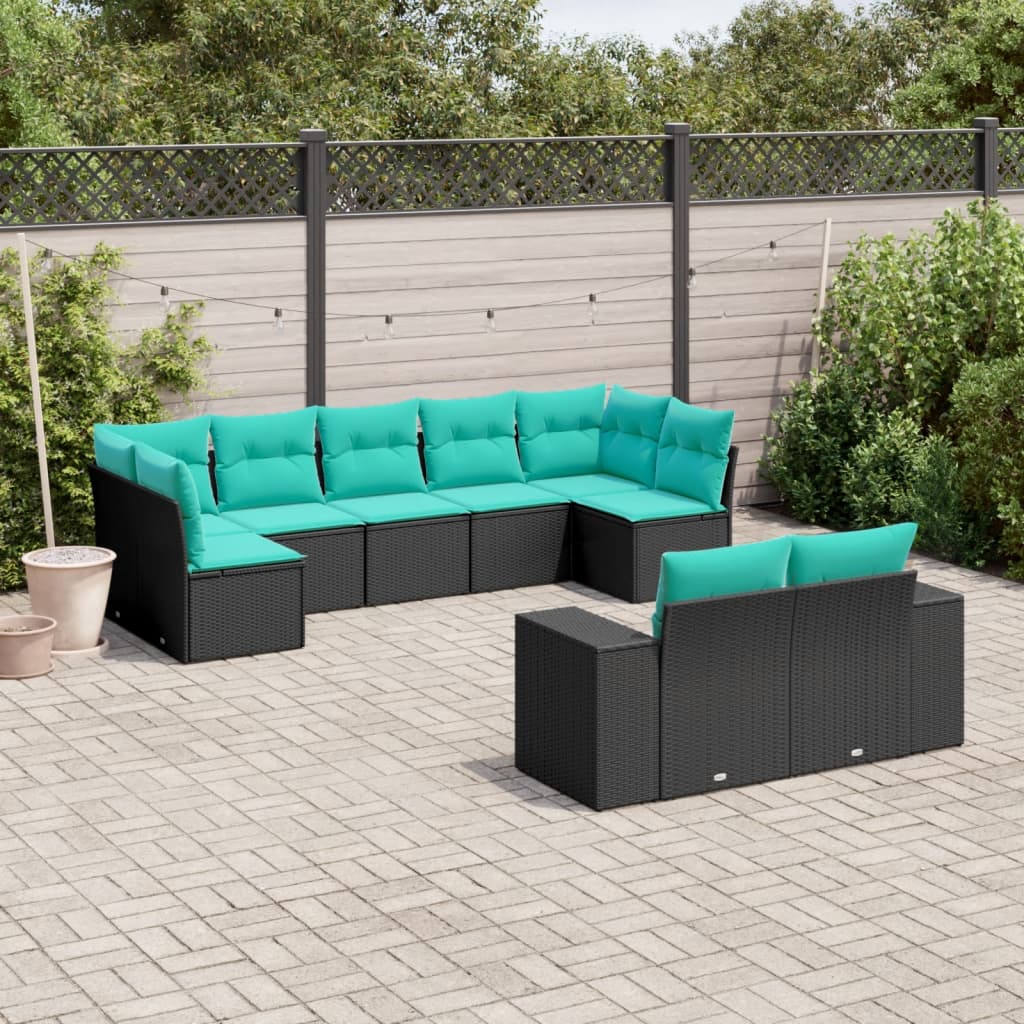 9 Piece Garden Sofa Set with Cushions Black Poly Rattan