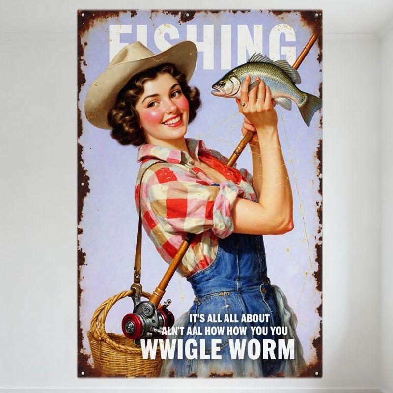 

Vintage Fishing Pin-Up Metal Tin Sign, Weathered Rusty Border, Retro Woman Fishing Decor with FISHING Text for Man Cave Bar Ho 20x30cm（7.8x11.8inch）