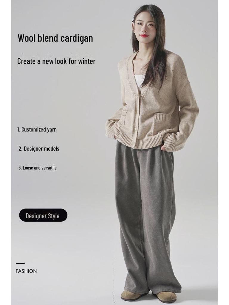 Spring 2025 V-neck Loose Knit Cardigan for Women - Casual, All-Match Sweater Jacket