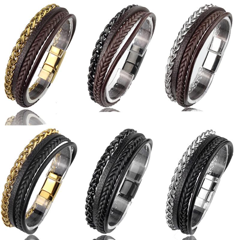 High Quality Stainless Steel Leather Bracelets For Men Six Color Punk Curb Cuban Link Chain Bracelets On the Hand Jewelry Gifts