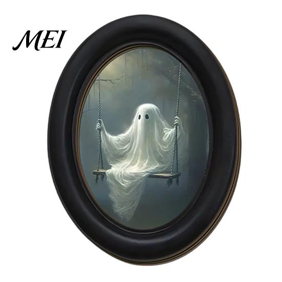 Easy Install Adhesive Wall Sign Halloween Gothic Oval Wooden Hanging Plaque, Vintage Framed Black Cat Little Party Background Ghost Sign, Waterproof