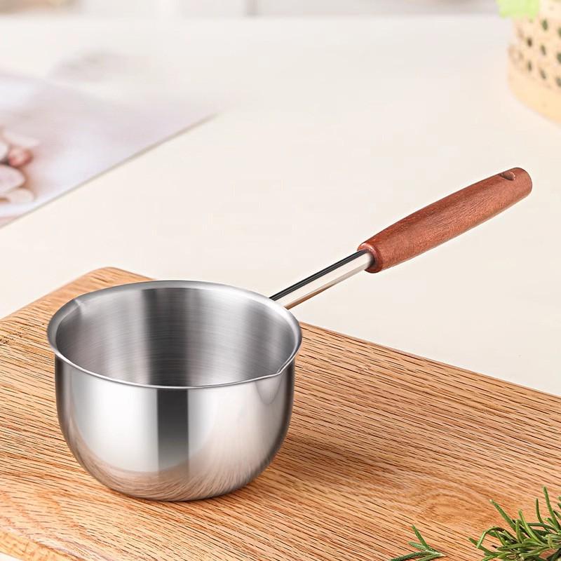 Stainless Steel Mini Oil Pouring Pot With Long Wooden Handle Heat Resistant Small Cooking Pan Home Kitchen Use