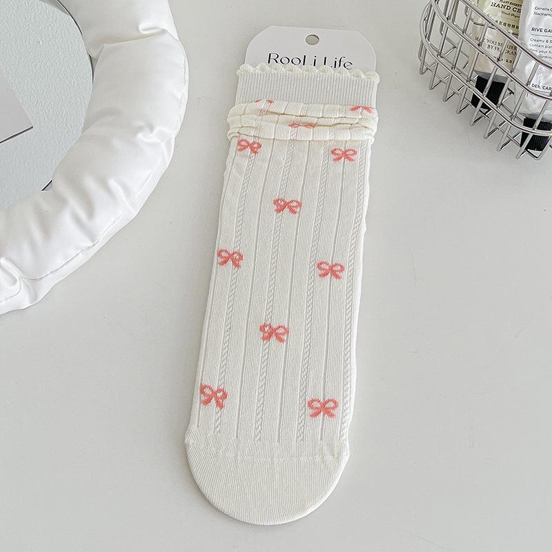 Women's Gray Lace Bow Mid-Calf Cotton Socks - Cute, Thin, Sweat-Absorbent, Boneless Design