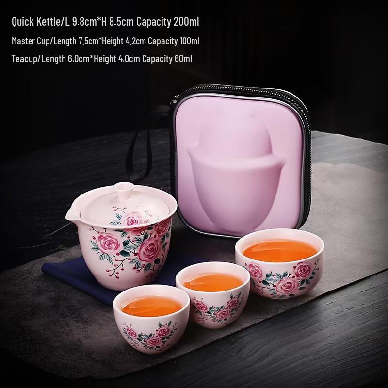 Shangqi Pink Rose Portable Ceramic Tea Set