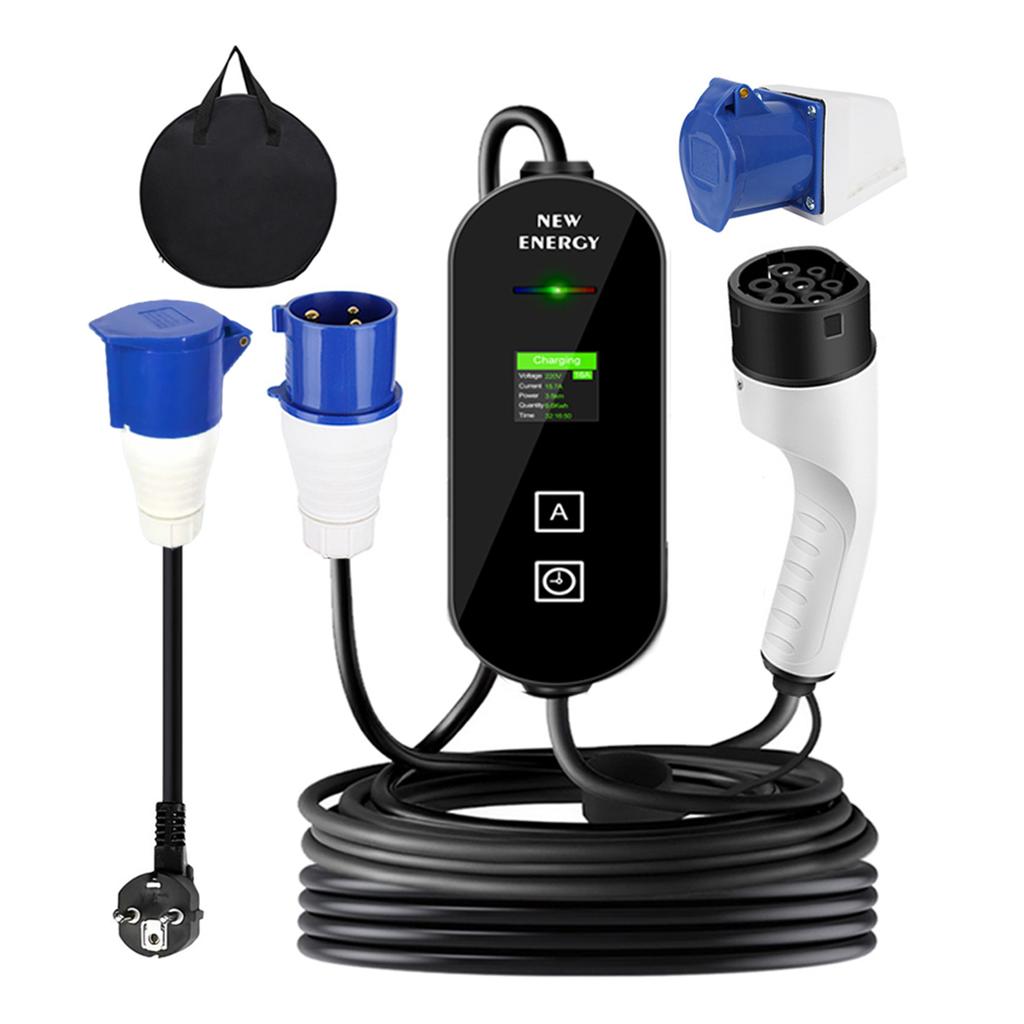 Portable 7KW 32A Type 2 EV Charger 5M/10M Single Phase CEE 3PIN EU Plug LCD Color Screen Car Electric Charger Car Accessories