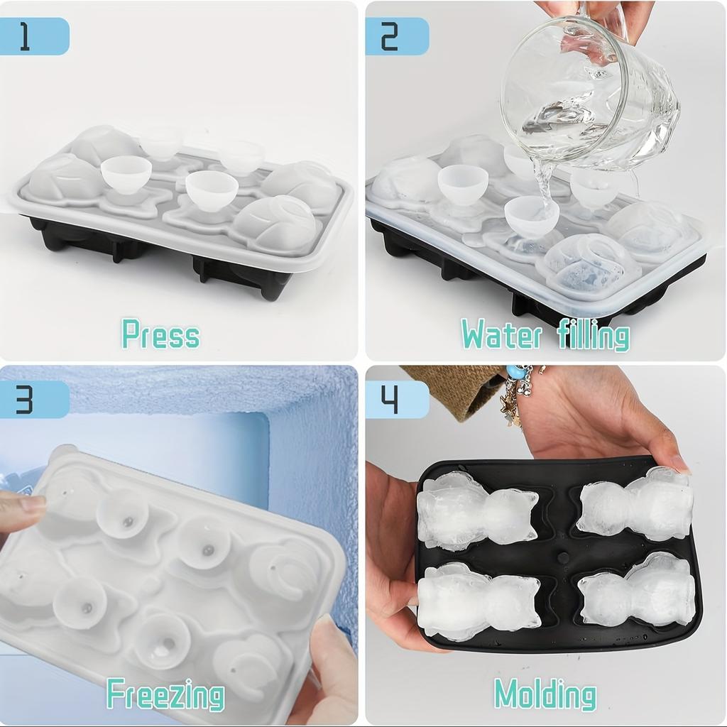 Cat Ice Cube Tray, 3D Silicone Cat-Shaped Ice Mold, 4 Cavity Large Fun Ice Cube Maker for Whiskey Bourbon, Black