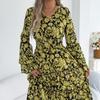 Women's Vintage Flared Sleeve Ruffled Waist Floral Midi Dress