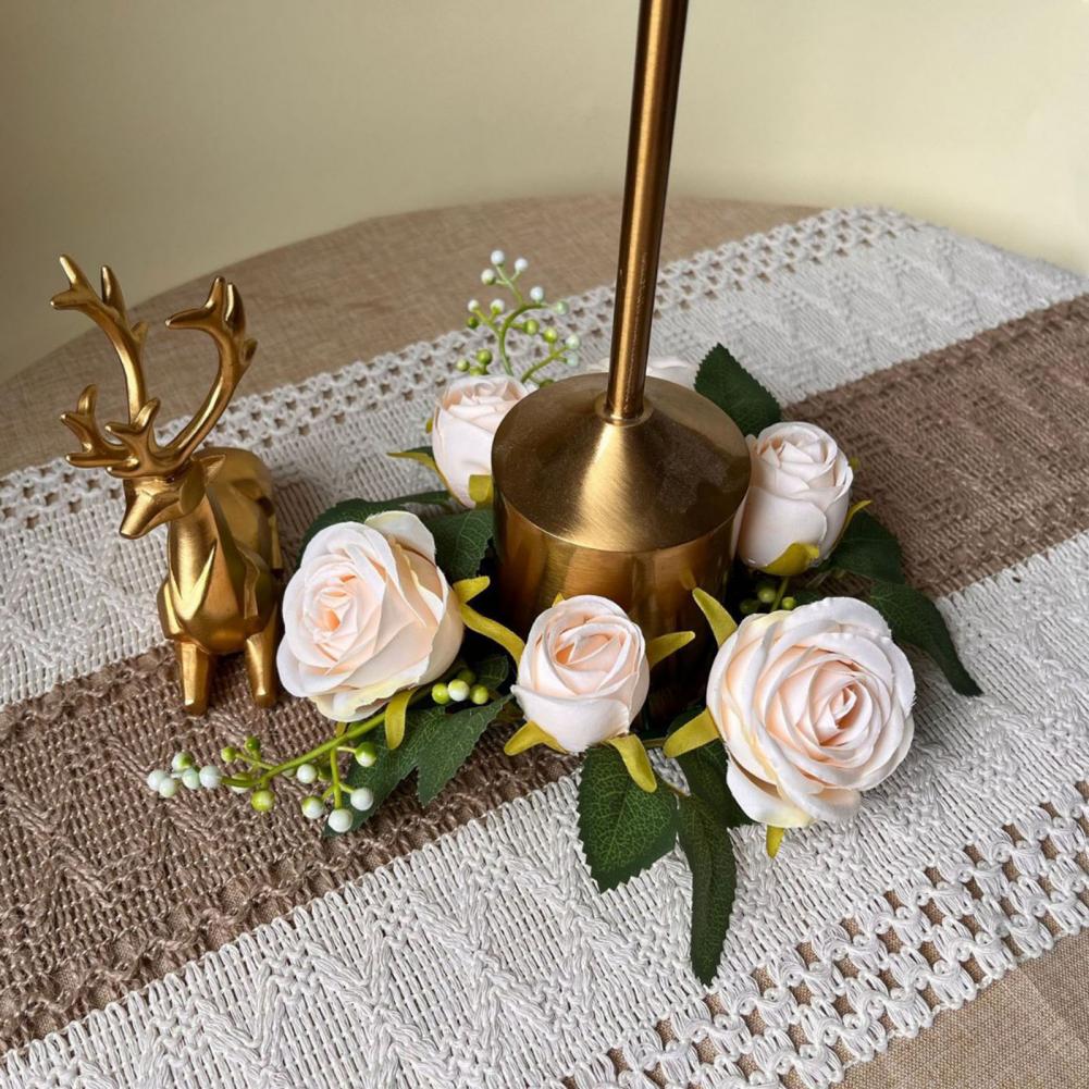 25cm Mini Artificial Wreath Candle Ring Realistic Faux Rose Garland With Plastic Base Candle Wine Decor Weddings Party Dining
