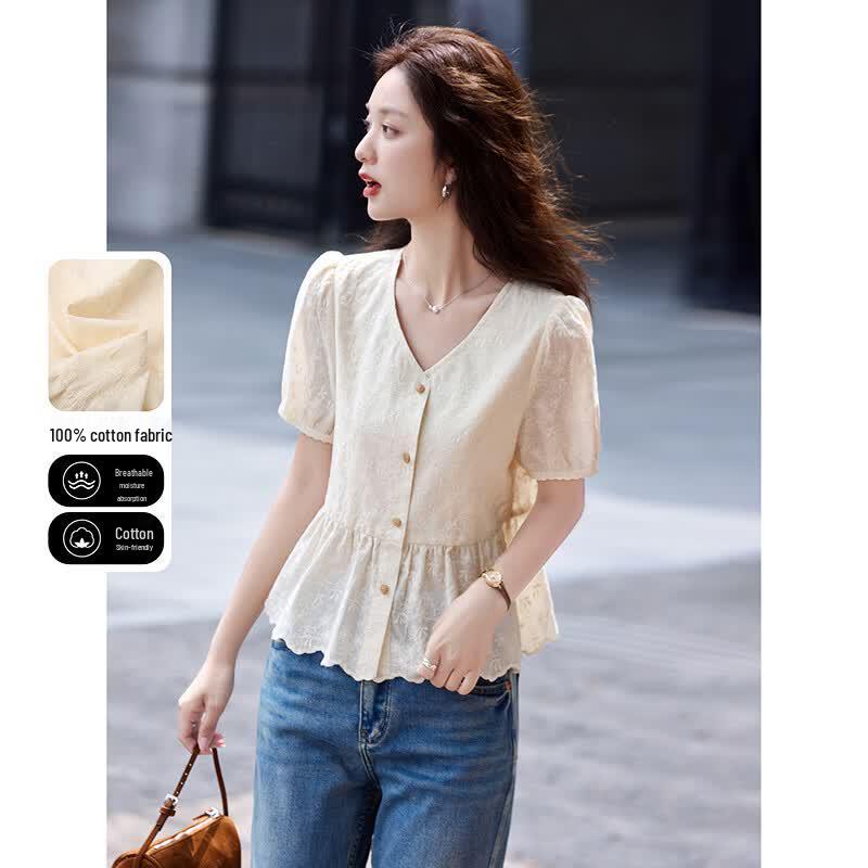 Awakening Paradise Summer Embroidered Short Sleeve Shirt XL