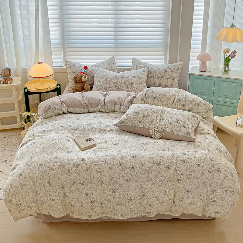 Flowers Bedding Set with Pillowcase Bed Sheet Single Full Size Bed Linen Washed Cotton Duvet Cover Set Queen/King Double Size