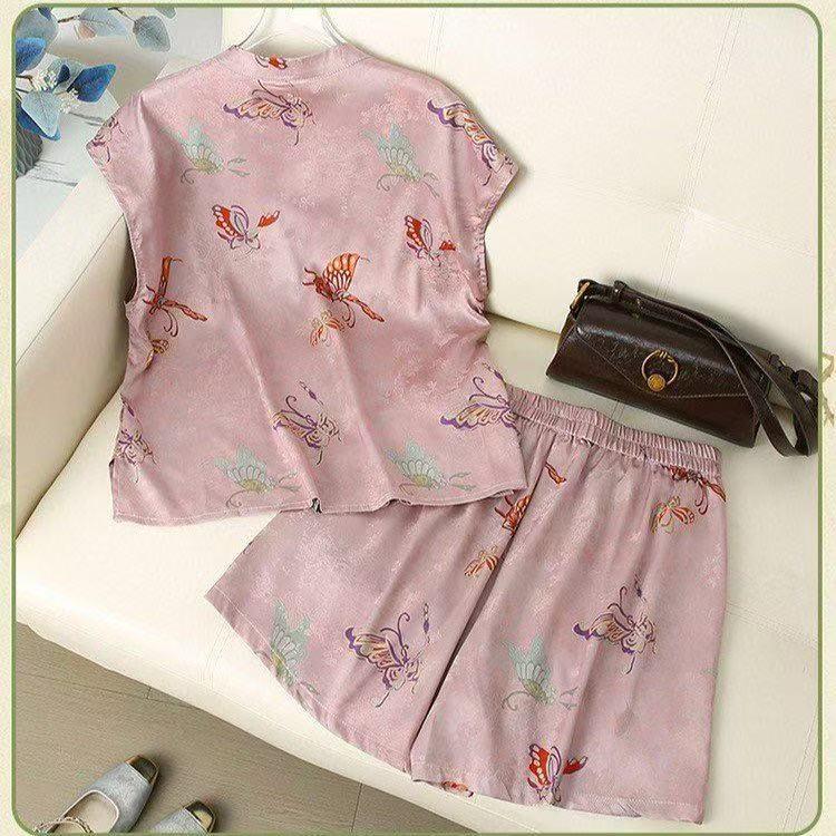 Women s Summer Chinese Style Satin Jacquard Short Sleeve Blouse with Stand Collar and Frog Button XL (40-55 kg) розовый