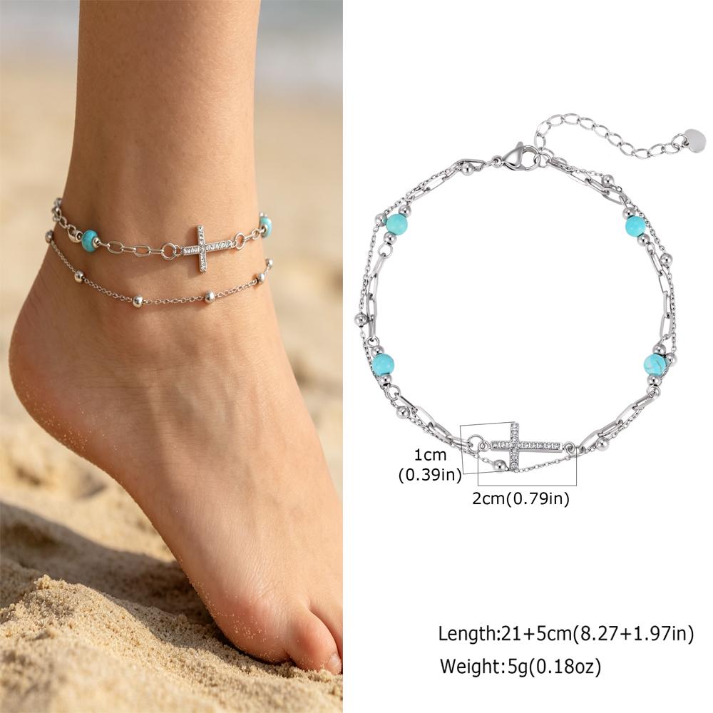 

Blue Turquoise Zircon Cross Double Layered Anklet for Women, Waterproof Stainless Steel Beads Ankle Bracelets, Elegant Jewelry