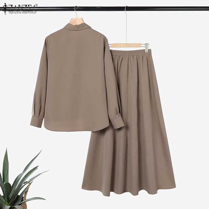 ZANZEA Damen Langarmbluse und Lange Röcke Lässige Zweiteiler Anzugsets