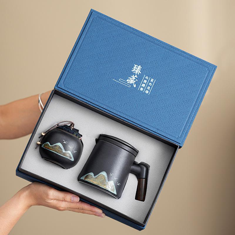 

High-end annual meeting souvenir coarse pottery retro office cup new Chinese style Qingshan flying bird Kuaike cup tea set 301-400ml