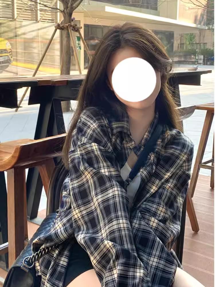 

2024 Корейский Ретро Клетчатый С Длинным Рукавом Свободный Женский Кардиган Блузка: Весна/Осень Милый Ленивый Стиль Medium темно-синий