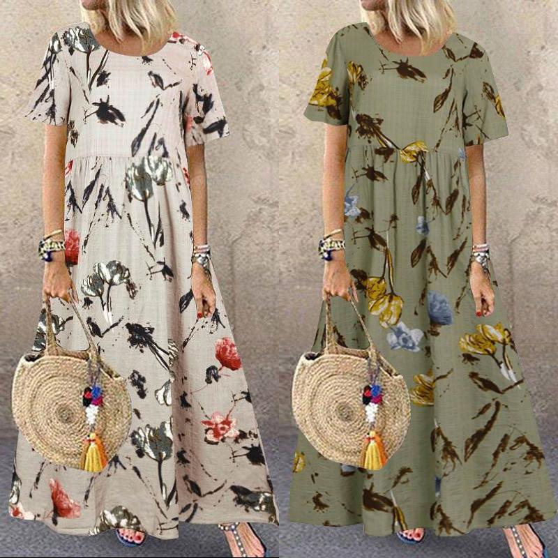 Summer women's new ethnic style retro printing round neck short sleeve large size loose long dress
