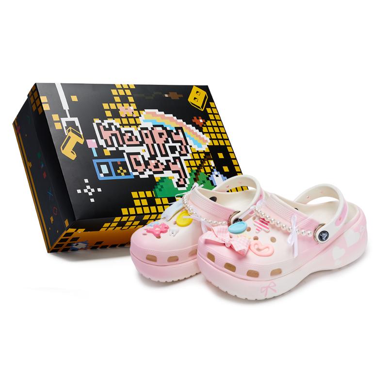

Crocs Classic Platform Clog 811 Made Heartbeat Moment Special Shoe Case Bow Detachable Accessories Hole Shoes Women s White Pink 34-35