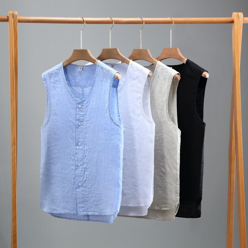 Men's Summer Solid-Color Linen Vest Youth Retro Washed Breathable Lightweight Button-Front Sleeveless T-Shirt